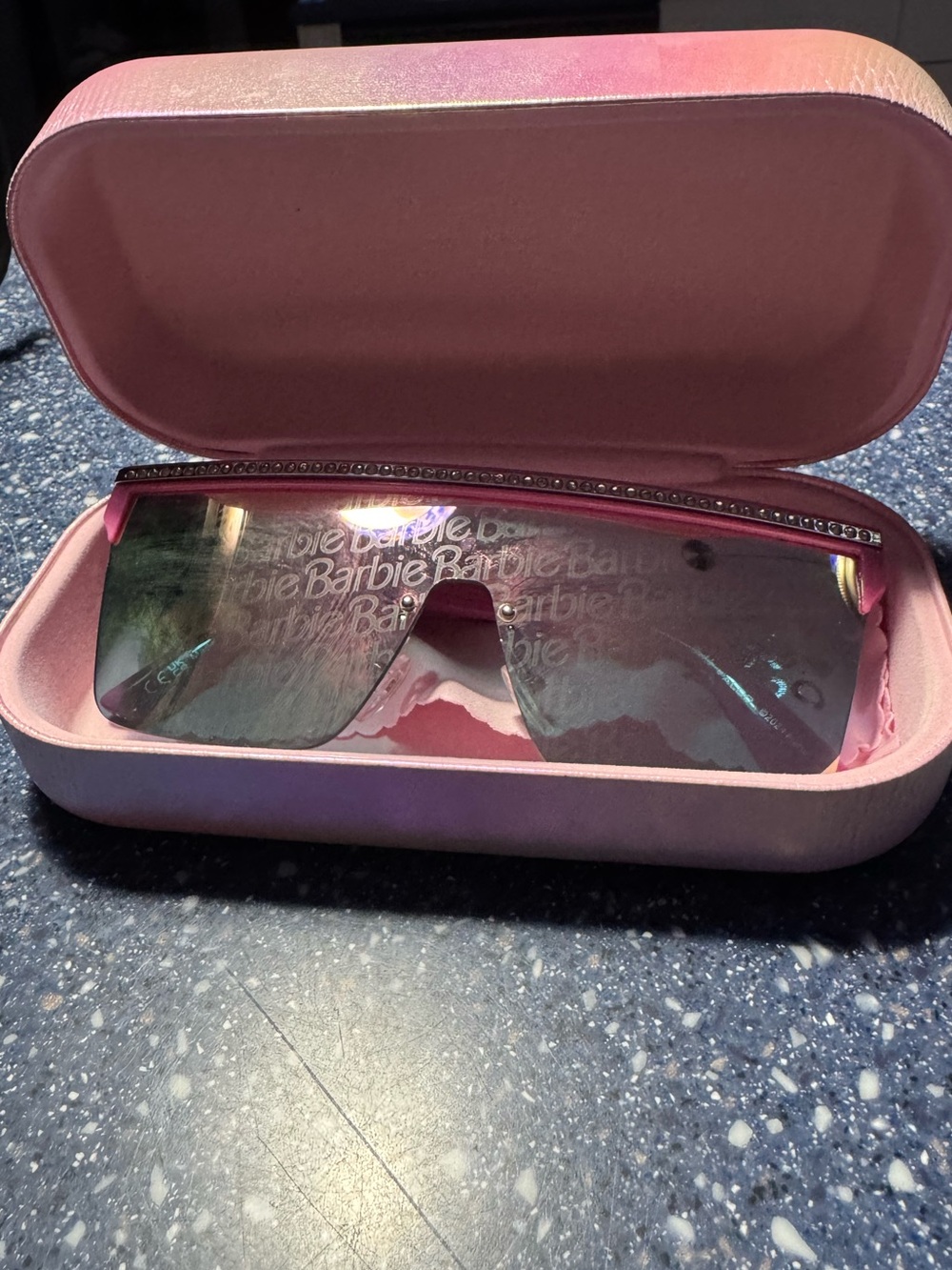 Barbie Pink Shield Sunglasses with Rhinestone Detail & Case with Cleaning Cloth